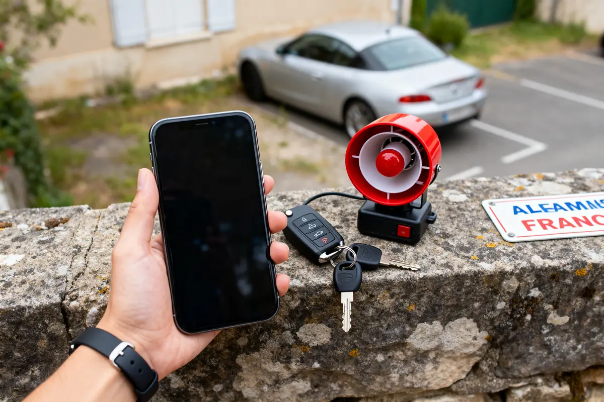 Smartphone et alarme pour voitures avec clés et télécommande posés sur un mur de pierre