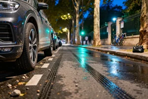 Voiture garée sur une rue mouillée la nuit pour avis sur les pneus Rovelo