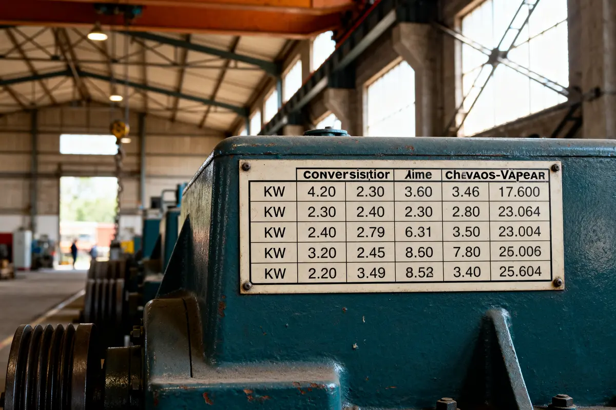 Tableau industriel affichant la conversion de kW en chevaux dans une usine mécanique