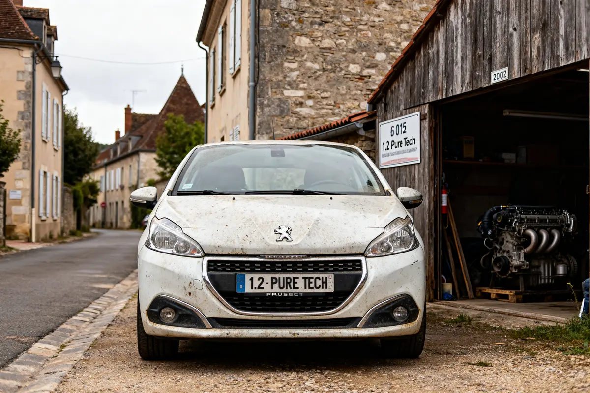 Peugeot 208 blanche abîmée devant un garage modèle de 208 à éviter