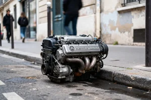 Moteur Mercedes et Renault posé sur un trottoir urbain devant un mur décrépit