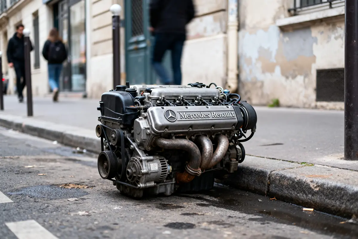 Moteur Mercedes et Renault posé sur un trottoir urbain devant un mur décrépit