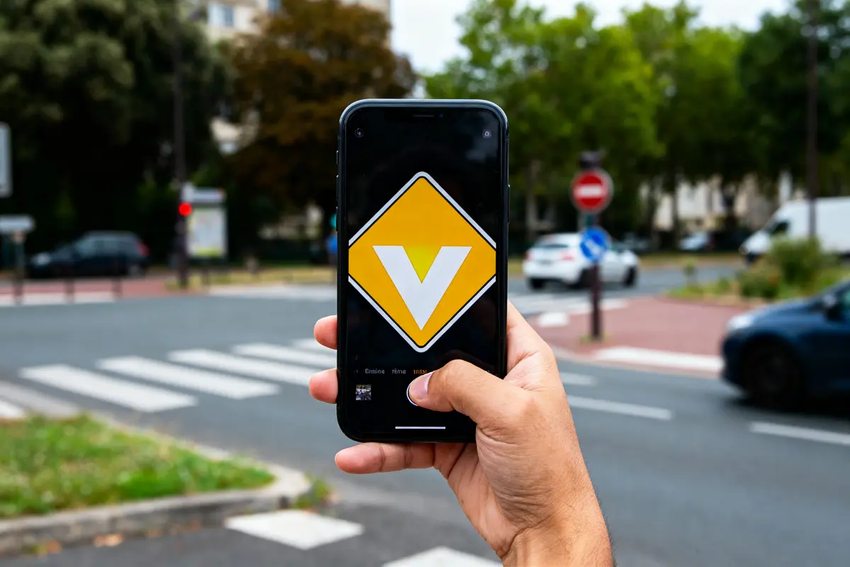 Main tenant smartphone montrant un panneau losange jaune sur une route urbaine