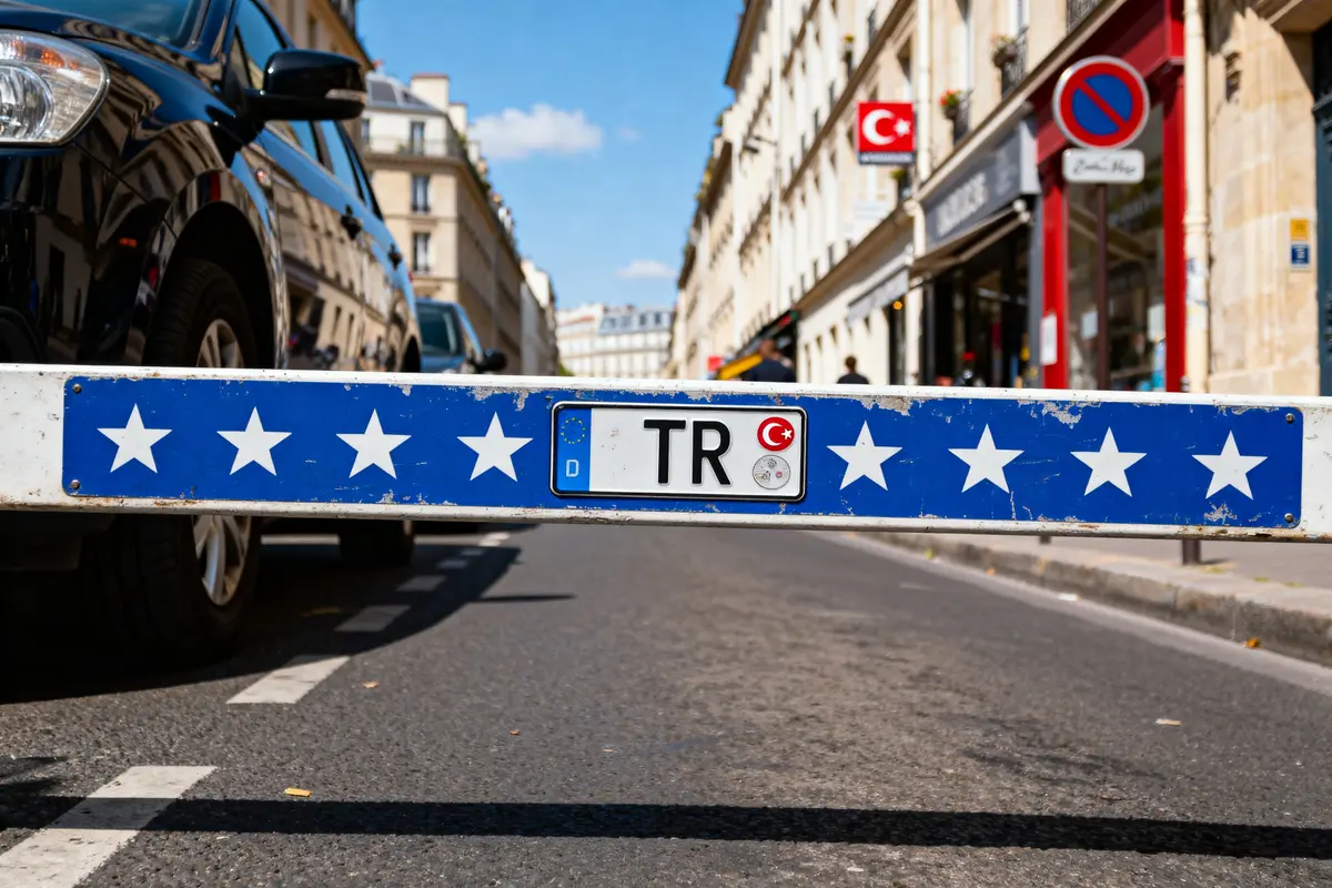 Barrière ornée d'étoiles avec plaque d'immatriculation turque TR sur rue de Paris