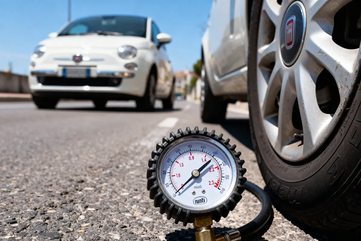 Manomètre vérifiant la pression des pneus d'une Fiat 500 blanche sur route