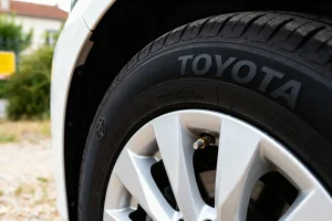 Gros plan sur pneu de Toyota Yaris montrant la pression des pneus idéale