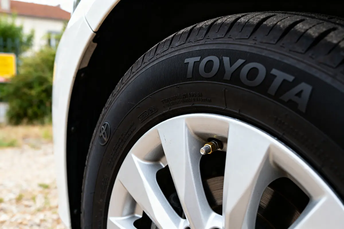 Gros plan sur pneu de Toyota Yaris montrant la pression des pneus idéale