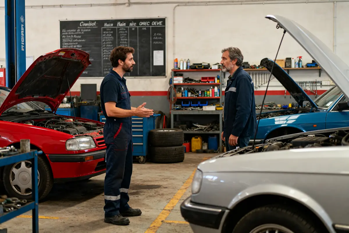 Deux mécaniciens discutant des prix de main-d'œuvre en garage avec voitures ouvertes.
