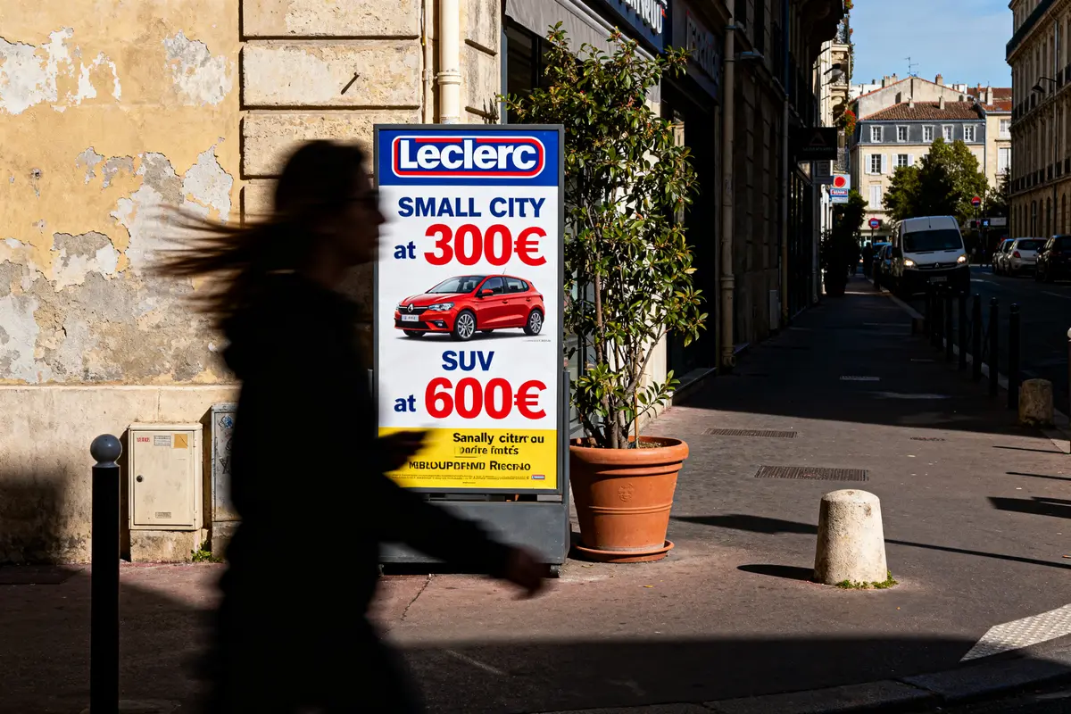Affiche de tarifs pour location de voiture longue durée chez Leclerc, modèles Small City SUV