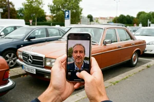 Téléphone photographiant une voiture ancienne lors d'une vente de véhicules d'État pour particuliers