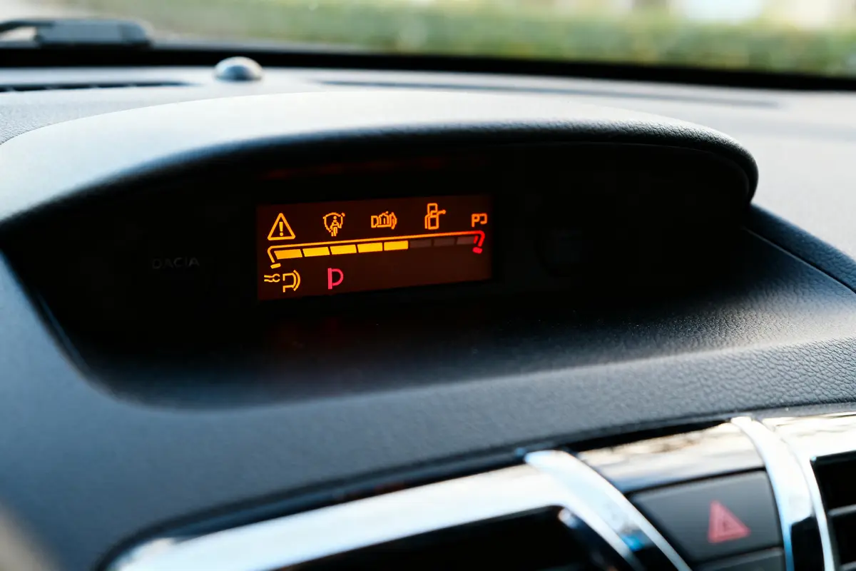 Voyants d'avertissement sur tableau de bord de voiture Dacia indiquant divers alertes et statuts