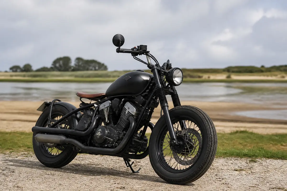 Moto Bobber 125 noire stationnée près d'un lac sur fond de paysage naturel