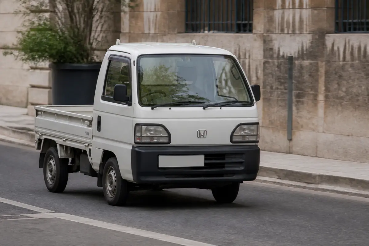 Petit camion utilitaire blanc Honda Acty circulant en ville sur une route pavée