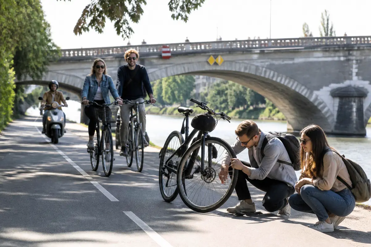Personnes réparant un vélo sur une piste cyclable près d'une rivière, atoocycles en réparation