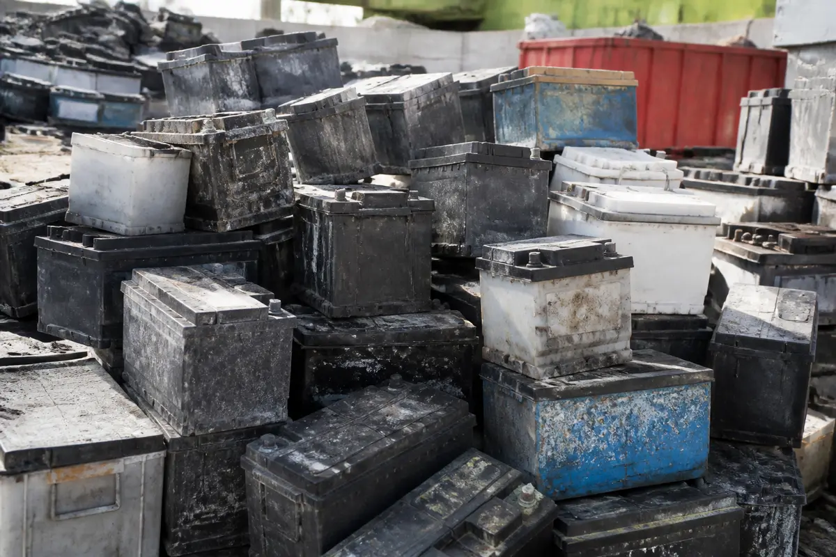 Vieilles batteries empilées illustrant le prix des batteries au kilo dans un centre de recyclage