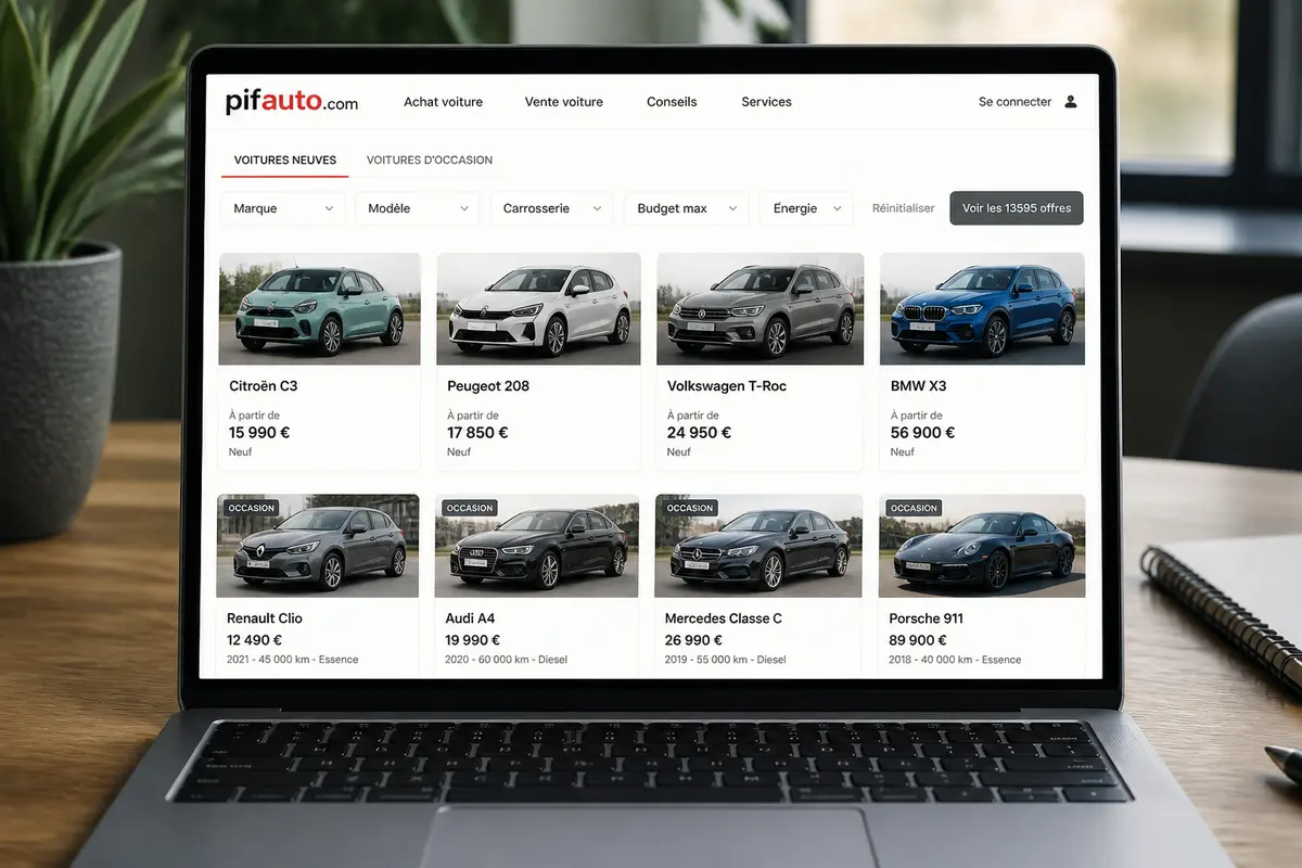 Site pifauto.com affiche liste de voitures neuves et d'occasion sur ordinateur portable